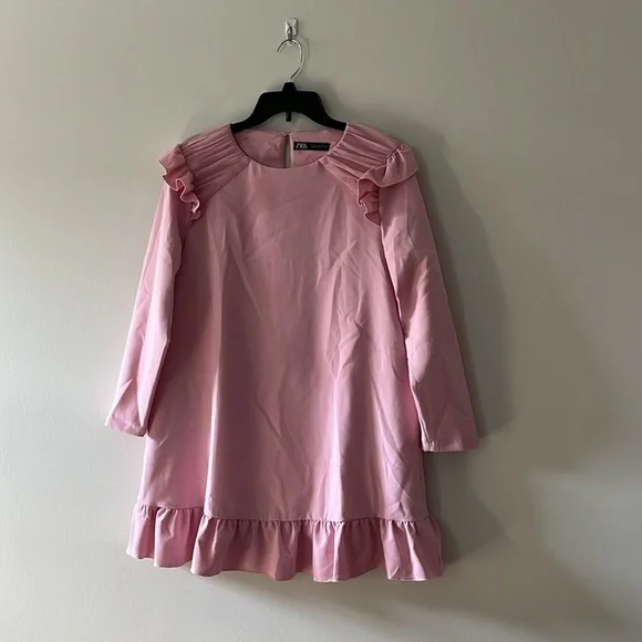 ZARA Bubblegum Pink Ruffle Hem & Shoulders Mini Dress Long Sleeve Sz L - Picture 3 of 16